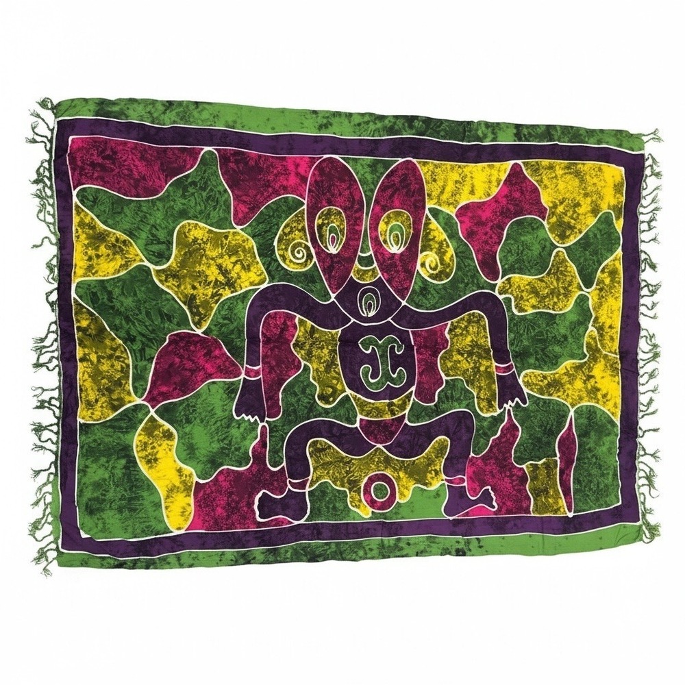 Handmade Indonesia Batik Sarong Rayon Abstract Figure Wrap Scarf Green Purple